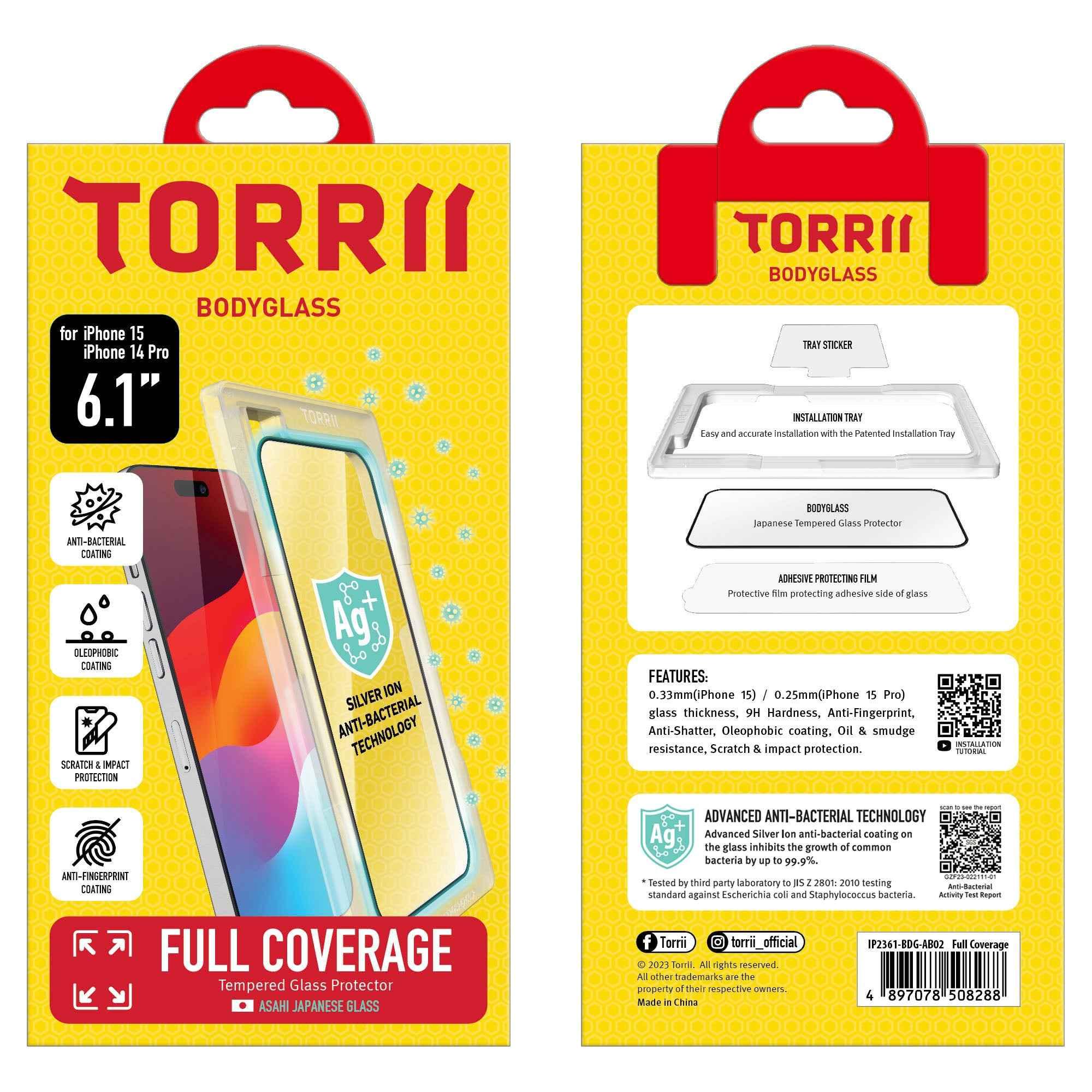 iPhone 15 / 14 Pro Torrii Bodyglass Screen Protector Anti-Bacterial Coating - Full Coverage Black iPhone 15 / 14 Pro Torrii Bodyglass Screen Protector Anti-Bacterial Coating - Full Coverage Black